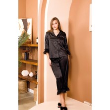 Kadın Saten Düz Renk Önden Düğmeli Tüylü Truvakar Kol Saten Pijama Takım