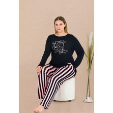 REN Kadın Siyah Pembe Çizgili Büyük Beden Pijama Takım, Üst Uzunkollu Baskılı, Alt Çizgili ve Düz Paçalı, Viskon Kumaş
