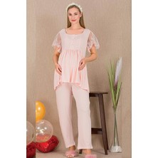REN Kadın 2'li Kısa Kol Hamile Lohusa Pijama Takım, Kolları Tül Dantel Detay, Emzirme Düğmeli