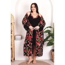 REN Büyük Beden Kadın Askılı Siyah ve Çiçek Baskılı Gecelik Sabahlık Takım, Viskon Kumaş