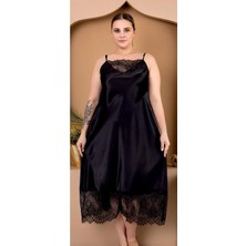 REN Kadın Büyük Beden Saten Gecelik Sabahlık Takım, Dantel Detaylı Saten Gecelik Sabahlık Set