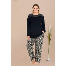 REN Kadın Siyah Büyük Beden Pijama Takım, Üst Uzunkollu , Alt Cepli ve Zebra Desenli, Viskon Kumaş