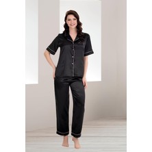 Kadın Saten Düz Renk Önden Düğmeli Biyeli Kısa Kol Saten Pijama Takım
