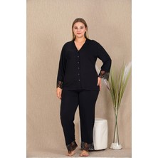 REN Kadın Siyah Büyük Beden Pijama Takım, Düğmeli ve Uzunkollu, Bilek ve Paça Dantelli, Viskon Kumaş