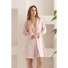 REN Kadın Fantazi Saten Gecelik Sabahlık Takım, Dantel ve Pile Detaylı Saten Gecelik Sabahlık Takım