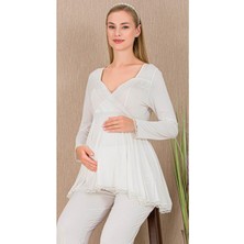 REN Kadın Tül Güpür Detay 3'lü Hamile Lohusa Pijama Takım, Uzun Hamile Lohusa Sabahlık ve Pijama Takımı