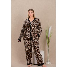 REN Kadın Büyük Beden Leopar Desenli Düğmeli Ev Giyim Pijama Takım, Uzun Kollu, Viskon Kumaş