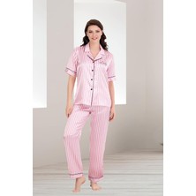 REN Kadın Pembe Çizgili Kısakol Saten Düğmeli Gömlek Pijama Takım