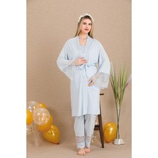 REN Kadın Dantel Güpür Detaylı 3'lü Hamile Lohusa Pijama Takım, Hamile Lohusa Sabahlık ve Pijama Set