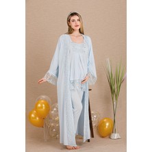 REN Kadın Dantel Detaylı 3'lü Hamile Lohusa Pijama Takım, Hamile Lohusa Uzun Sabahlık ve Pijama Takımı