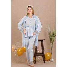 REN Kadın Dantel Detaylı 3'lü Hamile Lohusa Pijama Takım, Hamile Lohusa Sabahlık ve Pijama Takımı
