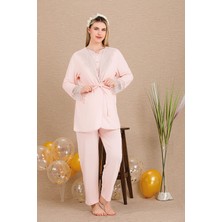 REN Kadın Dantel Detaylı 3'lü Hamile Lohusa Pijama Takım, Hamile Lohusa Sabahlık ve Pijama Takımı