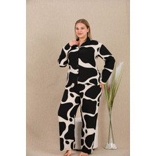 REN Kadın Siyah Beyaz Desen Büyük Beden Düğmeli Pijama Takım, Belmando Dokuma Viskon Kumaş
