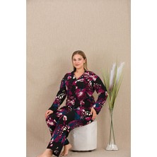 REN Kadın Çiçek Desen Büyük Beden Düğmeli Pijama Takım, Belmando Dokuma Viskon Kumaş