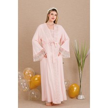 REN Kadın Dantel Detaylı 3'lü Hamile Lohusa Pijama Takım, Hamile Lohusa Uzun Sabahlık ve Pijama Takımı