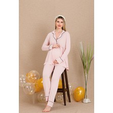 REN Kadın 2'li Uzun Kol Hamile Lohusa Pijama Takım, Emzirme Düğmeli, Gömlek Yakalı