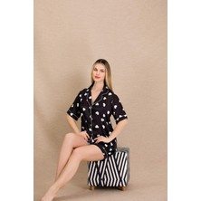 REN Kadın Saten Kalp Baskılı Gömlek Şort Takım, Önden Düğmeli