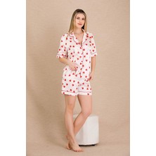 REN Kadın Saten Kalp Baskılı Gömlek Şort Takım, Önden Düğmeli