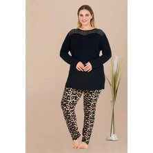 Kadın Siyah Büyük Beden Tunikli Pijama Takım, Üst Uzunkollu Düz Renk ve Yırtmaçlı , Alt Leopar Desenli, Viskon Kumaş