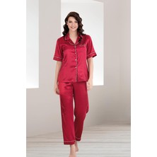 Kadın Saten Düz Renk Önden Düğmeli Biyeli Kısa Kol Saten Pijama Takım