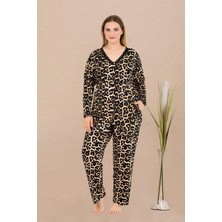 REN Kadın Büyük Beden Leopar Desenli Ev Giyim Pijama Takım, Uzun Kollu, Boydan Düğmeli, Viskon Kumaş