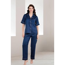 Kadın Saten Düz Renk Önden Düğmeli Biyeli Kısa Kol Saten Pijama Takım