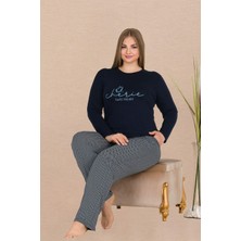 REN Büyük Beden Uzun Kol Kadın Lacivert Pijama Takım, Cep Detaylı, Viskon Kumaş