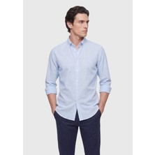 Ramsey Mavi Düz Regular Fit Dokuma Casual Ipek Karışımlı Gömlek