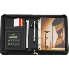 2k 5280 Ajanda Tarihsiz Kareli Deri Fermuarlı 4 Halka Mekanizmalı Hesap Makineli Organizer, Siyah, 21X27 Cm.