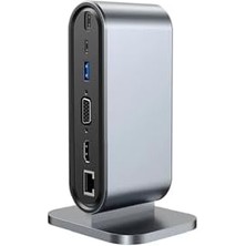12 In 1 Portlu USB Çoklayıcı Istasyonu, VGA ve HDMI 4K Destekli, Dikey Stand, Gri