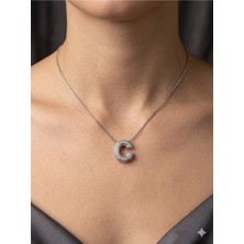 Stainless Steel 316L Çelik C Harfi Gümüş Rengi Taşlı Kolye