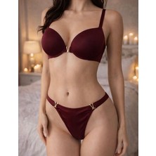 Bordo V Baskılı Dolgulu Sütyen Takımı