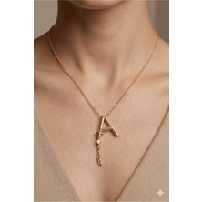 Stainless Steel 316L Altın Kaplama Çelik Taşlı A Harf Kolye (Kararmaz, Paslanmaz)