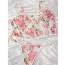 Çiçek Desenli Transparan Büstiyer Takım