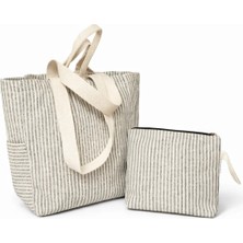 Faralya Life Çizgili Çanta 50X42 cm ve Makyaj Çantası Seti 26*21CM Bez Çanta Kombin Set