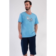 Vienetta Erkek Kısa Kol Kapri %100 Pamuk Mavi Pijama Takımı C5T2N4804