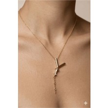 Stainless Steel 316L Altın Kaplama Çelik Taşlı Y Harf Kolye (Kararmaz, Paslanmaz)