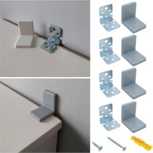 4-Adet Gri Dekoratif Plastik Kapaklı Ağır Dolap Montaj Askı Elemanı - Deprem Dolap Sabitleme Aparatı Seti - Mobilya Şifonyer Kitaplık Raf Masa Duvara Sabitleyici L Demir