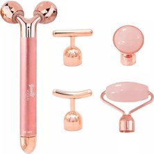 Beauty Vogue 3D Yüz Masaj Silindiri, 5 Başlıklı, Rose Quartz Titreşimli Cilt Bakım Cihazı, Profesyonel