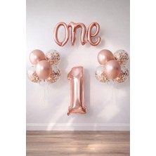 Patladı Gitti Rose Gold 1 Yaş Doğum Günü Seti 40 inç Folyo Balonlar ve 12 Adet Konfetili Balon