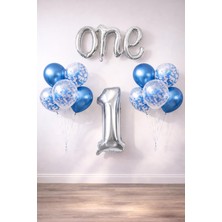 Mavi Gümüş 1 Yaş Doğum Günü Seti 12 Adet Konfetili Balon ve Folyo Rakam 40 İnç