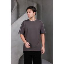 Dark Moda Erkek Şeritli Oversize Bisiklet Yaka 2 Iki Iplik Kompakt T-Shirt