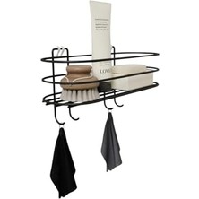 Yapışkanlı Banyo Mutfak Düzenleyici Oval Düz Banyo Havluluk Rafı Sabunluk Mat Siyah Duş Askısı Raf (Kancalı Oval Raf)