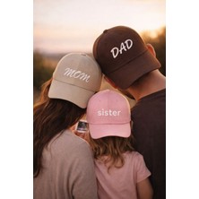 SF Collection Mom & Dad & Sister Baskılı Kahverengi-Krem-Pembe 3'lü Aile Kombin Şapka