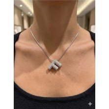 Stainless Steel 316L Çelik F Harfi Gümüş Rengi Taşlı Kolye