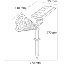 7W Solar LED Bahçe Armatürü 6400K Beyaz Işık – Güneş Enerjili Kazıklı & Duvar Montajlı Çim Aydınlatma Lambası – 7 Led, IP65, 90 Lümen, 140X270X95 mm