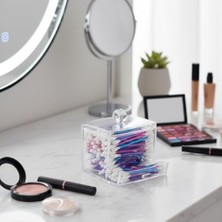 Şeffaf Akrilik Kulak Çubuğu ve Makyaj Organizeri, Kapaklı, Çekmeceli, 9x9 Cm, Banyo Düzenleyici Kutusu
