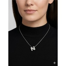 Stainless Steel 316L Çelik N Harfi Gümüş Rengi Taşlı Kolye