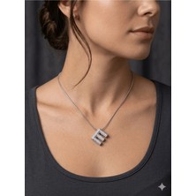 Stainless Steel 316L Çelik E Harfi Gümüş Rengi Taşlı Kolye