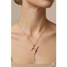 Stainless Steel 316L Altın Kaplama Çelik Taşlı H Harf Kolye (Kararmaz, Paslanmaz)